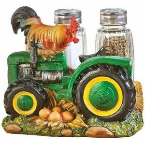 Rooster on Green Tractor Salt Pepper Set Stoneware Holder Glass Country Kitchen